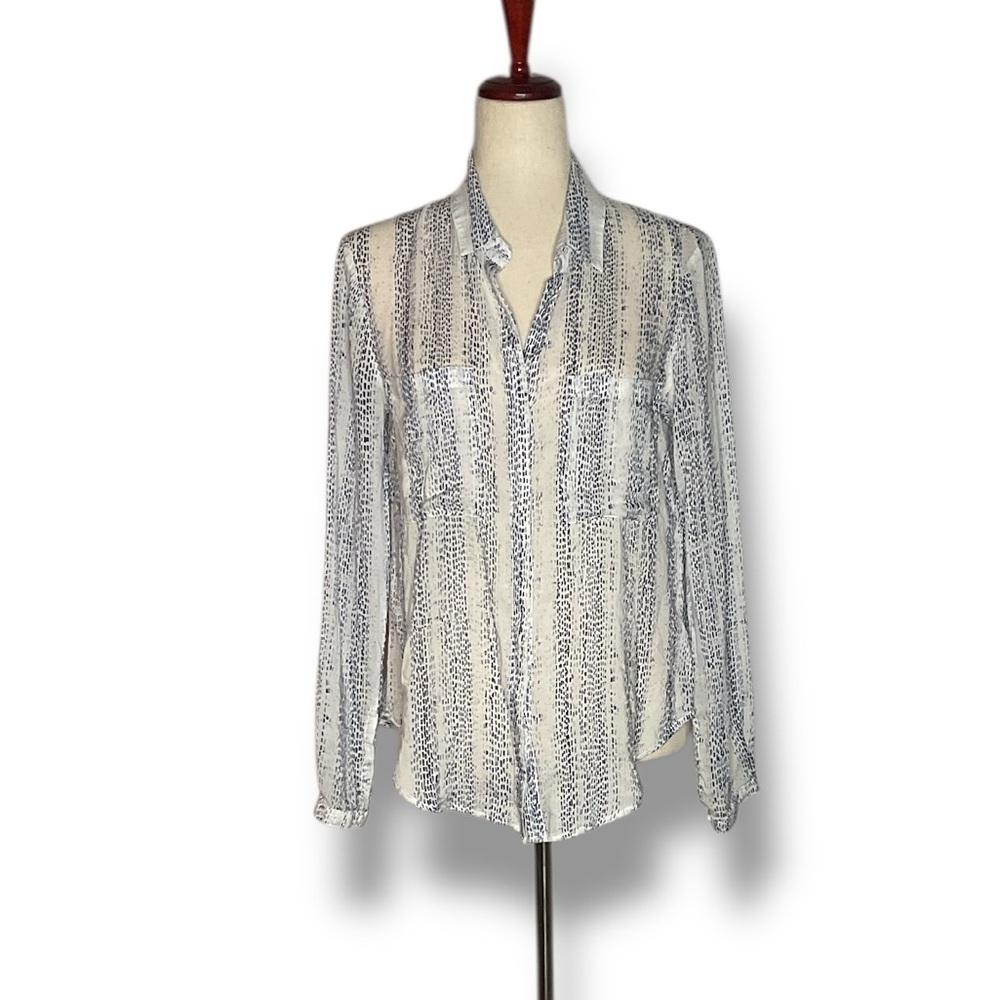 Cloth & Stone White & Blue Stitch Dot Button Up Lightweight Sheer Collar Shirt